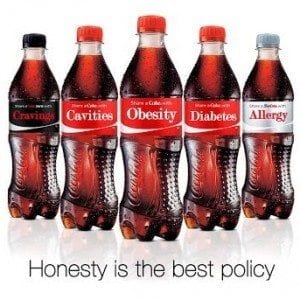 Coke bottles with text like "Obesity" and "Diabetes" on the label