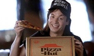 Mike Myers holding Pizza Hut Pizza