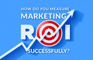 Text in blue and white How Do You Measure Marketing ROI successfully with a bullseye in the text