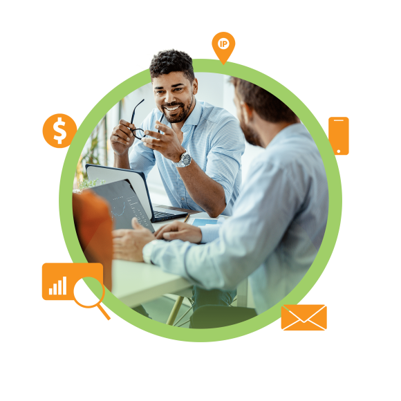 Marketing agency and analytics men smiling inside a green circle with marketing images around it.